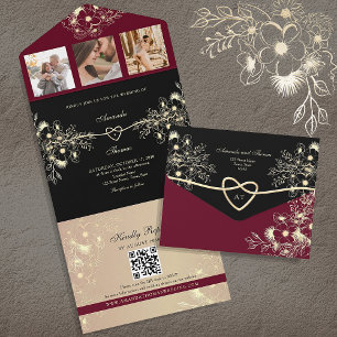 Gothic Burgundy and Black Wedding All In One Invitation