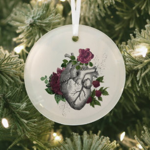Gothic Burgundy Floral Heart Glass Tree Decoration
