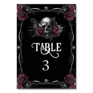Gothic Burgundy Floral Skull Halloween Wedding Table Number