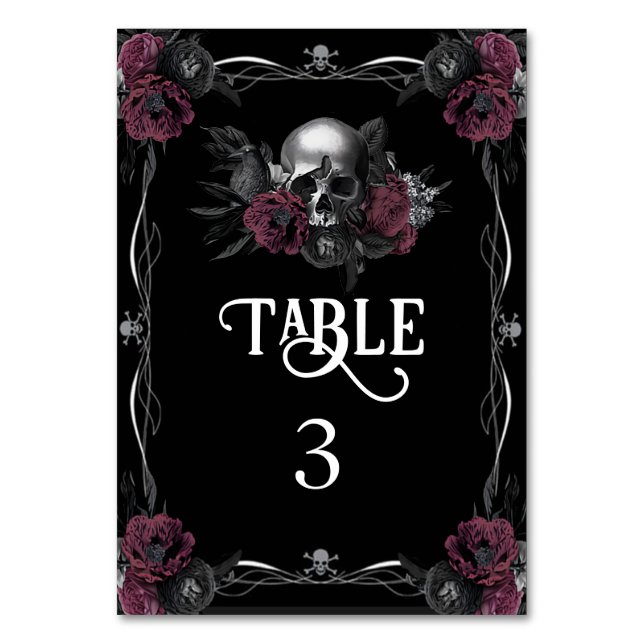 Gothic Burgundy Floral Skull Halloween Wedding Table Number (Front)