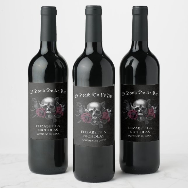Gothic Burgundy Floral Skull Halloween Wedding  Wine Label (Bottles)