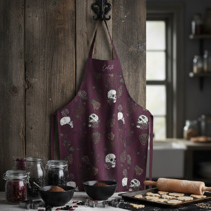 Gothic Burgundy Floral Skulls Apron