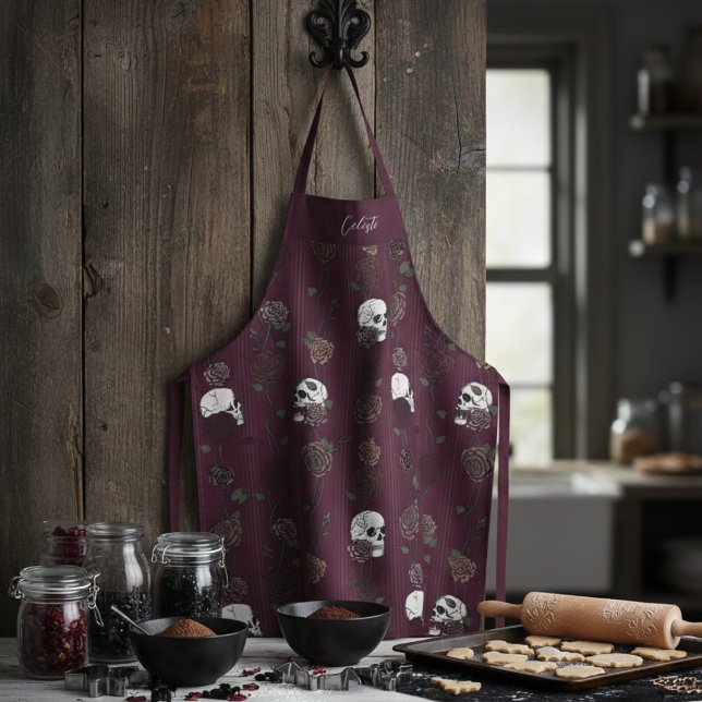 Gothic Burgundy Floral Skulls Apron (Gothic Dark Floral Skulls and Roses Burgundy Apron for Her or Goth Mom with a Name)