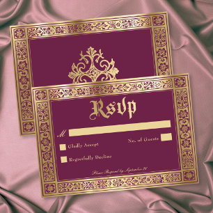 Gothic Burgundy Gold Mediaeval Until Death Wedding RSVP Card