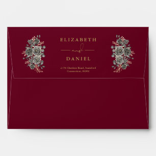 Gothic Burgundy Red And Gold Floral Return Address Envelope