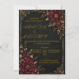 Gothic Burgundy Red Rose & Gold Filigree Invitation