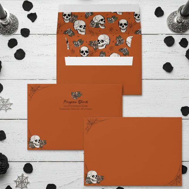 Gothic Burnt Orange Floral Skulls Halloween Envelope (Gothic Floral Skull Envelopes. Elegant Burnt Orange Hallowedding Vintage Skulls & Roses for Bride)