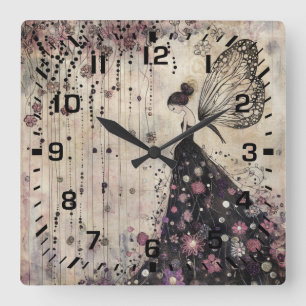 Gothic Butterfly Fairy In Black Garden Square Wall Clock