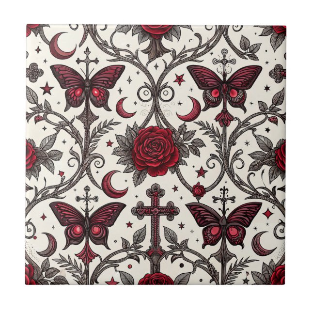 Gothic Butterfly Floral Pattern (1) Ceramic Tile (Front)
