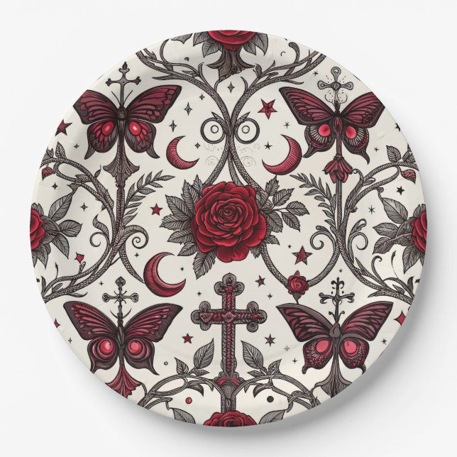 Gothic Butterfly Floral Pattern (1) Paper Plate (Front)
