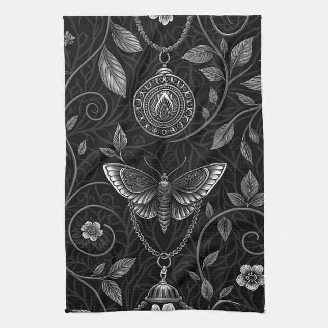 Gothic Butterfly Floral Pattern (3) Tea Towel (Vertical)