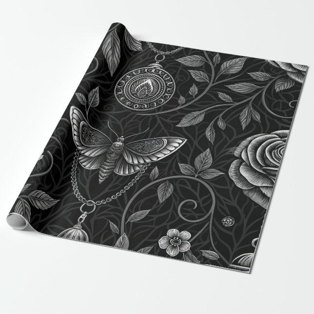 Gothic Butterfly Floral Pattern (3) Wrapping Paper (Unrolled)