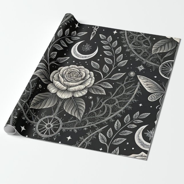 Gothic Butterfly Floral Pattern (4) Wrapping Paper (Unrolled)