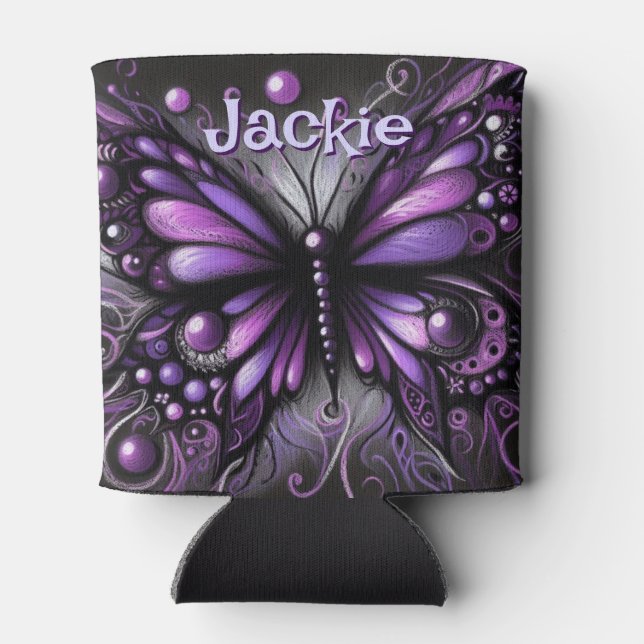 Gothic Butterfly Purple Black Personalised Can Cooler (Back)