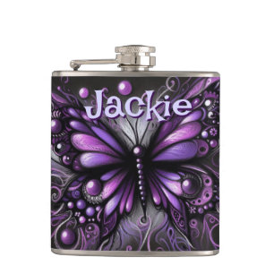 Gothic Butterfly Purple Black Personalised Hip Flask