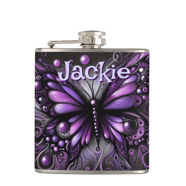 Gothic Butterfly Purple Black Personalised Hip Flask (Front)