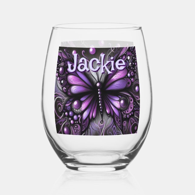 Gothic Butterfly Purple Black Personalised Stemless Wine Glass (Front)