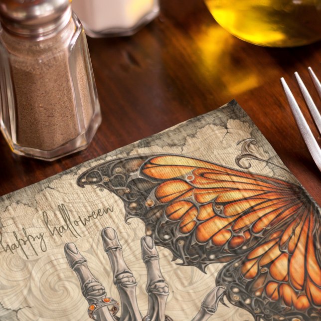 Gothic | Butterfly | Skeleton Hand | Victorian  Napkin (Gothic butterfly and spooky skeleton hand on Halloween party napkins you can customize. )