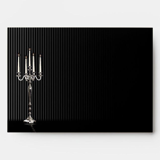 Gothic Candelabra on Black and Silver Pinstripe Envelope (Front)