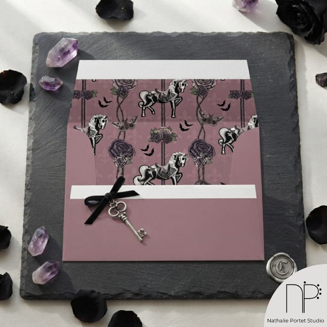 Gothic Carousel Horse Return Address Envelope (Gothic dark dusty mauve pink envelope features hand-drawn vintage circus carousel horses and roses)
