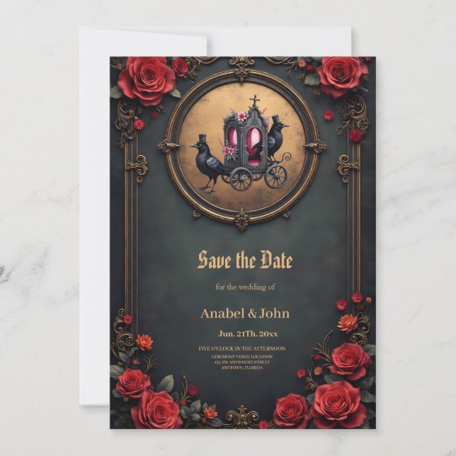 Gothic Carriage with Ravens and Roses. Save The Date (Front)