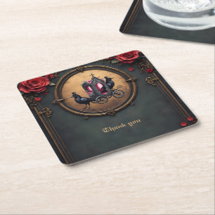 Gothic Carriage with Ravens and Roses. Square Paper Coaster