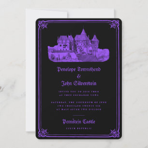 Gothic Castle Border Black Purple Wedding Invitation