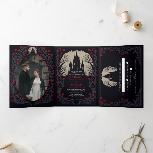 Gothic Castle Floral Halloween Wedding  Tri-Fold Invitation (Inside)