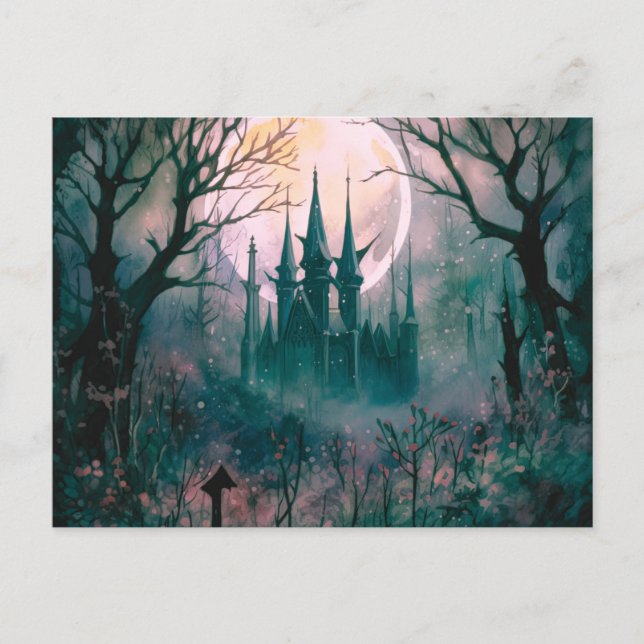 Gothic Castle Full Moon in the Forest Halloween Holiday Postcard (Front)
