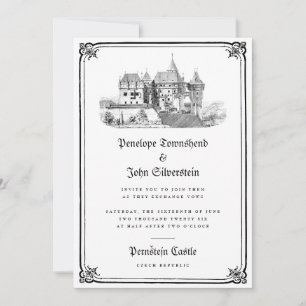 Gothic Castle Illustration Border White Wedding  Invitation