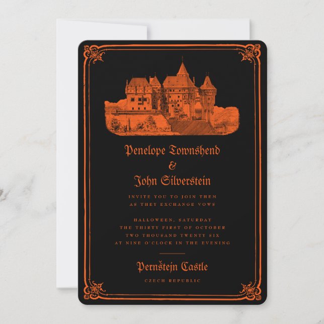Gothic Castle Orange Black Halloween Wedding Invitation (Front)