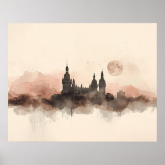Gothic Castle Silhouette Moonlit Watercolor Art Poster