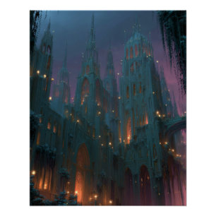 Gothic Castle Under Aurora Fantasy Night Art Poster