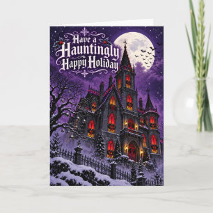 Gothic Castle Under the Full Moon Snowy Christmas  Holiday Card