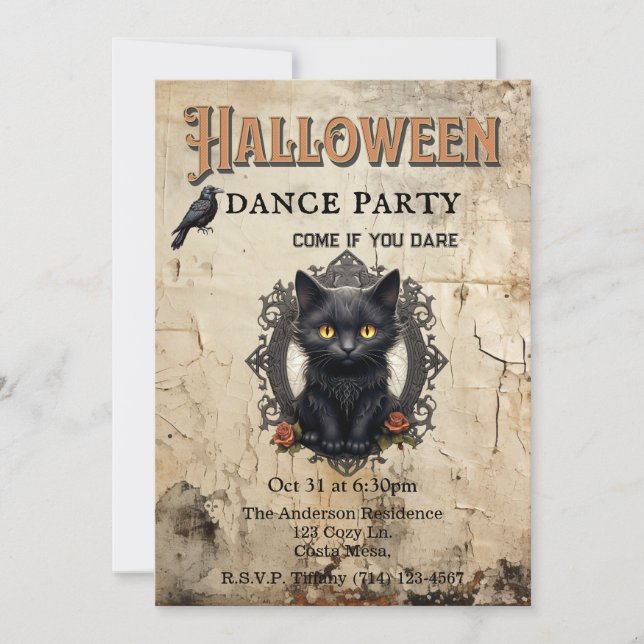 Gothic Cat in Mirror Halloween Dance Party Invitation (Front)