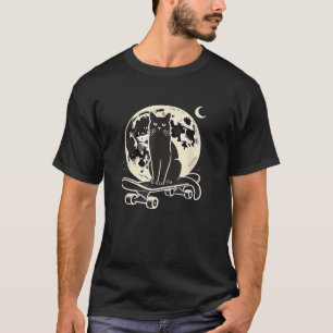 Gothic Cat on Skateboard Under Moon Retro Nocturna T-Shirt
