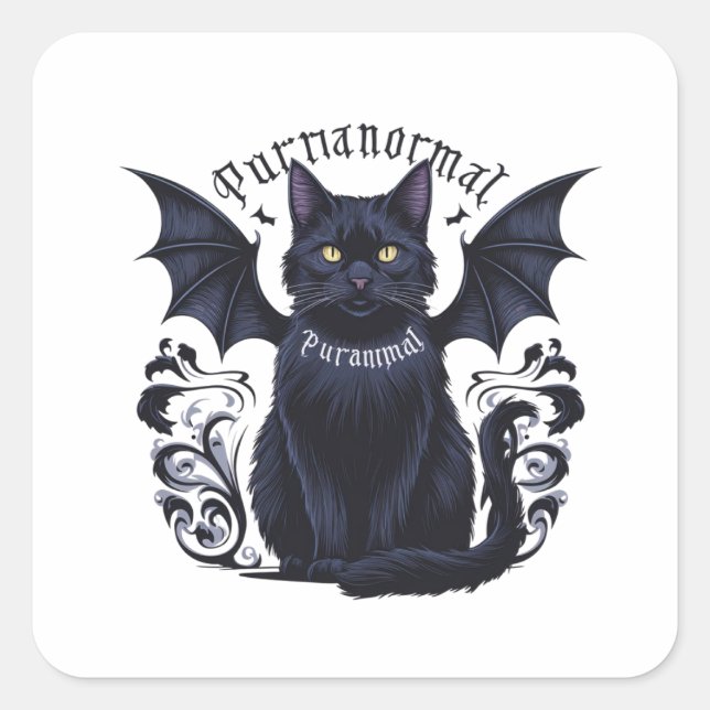 Gothic Cat with Bat Wings Square Sticker (Front)