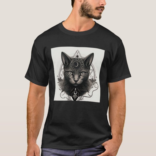 Gothic Cat with Wiccan and Occult Symbols T-Shirt (Front)