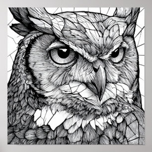 Gothic Cathedral Art: Majestic Owl Stained-Glass Poster