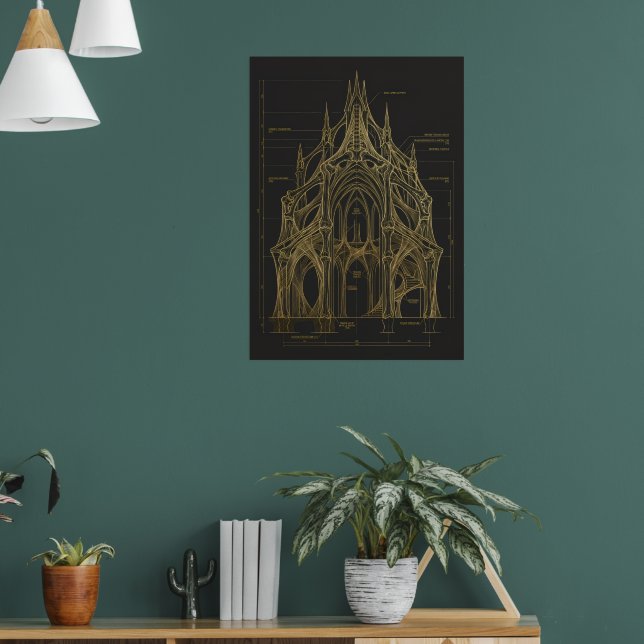 Gothic Cathedral Exterior Blueprint Fine Art Print (Living Room 1)