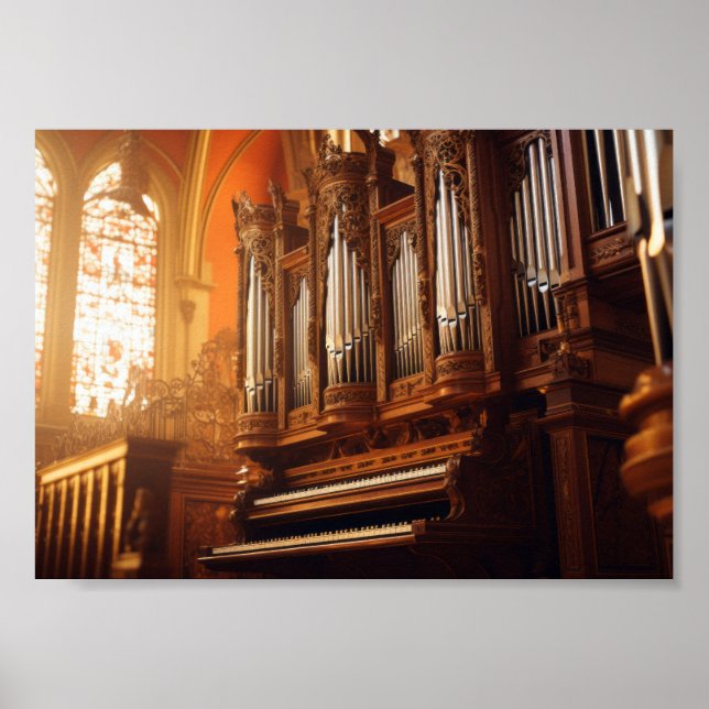 Gothic Cathedral Pipe Organ with Warm Sunlight  Poster (Front)