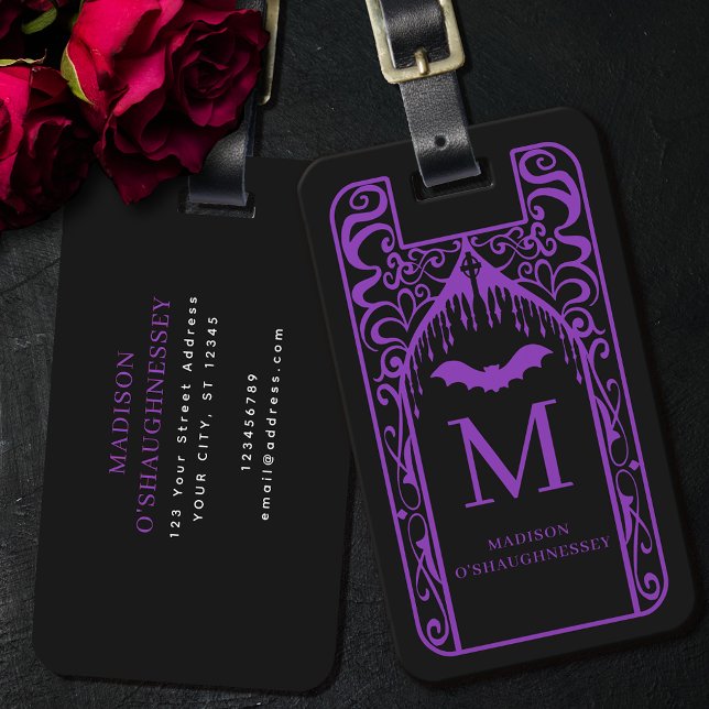 Gothic Cathedral Purple Black Vampire Monogram Luggage Tag (Creator Uploaded)