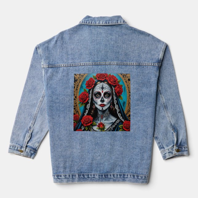 Gothic Catrina with Roses Day of Dead Tee Denim Jacket (Back)