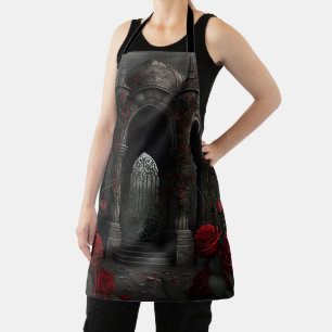 Gothic Cemetery Gazebo with Red Roses at Night Apron