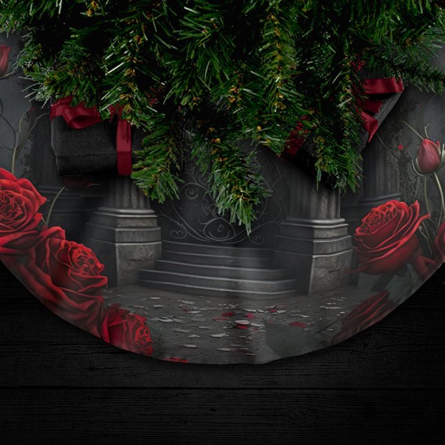 Gothic Cemetery Gazebo with Red Roses at Night Brushed Polyester Tree Skirt (Creator Uploaded)