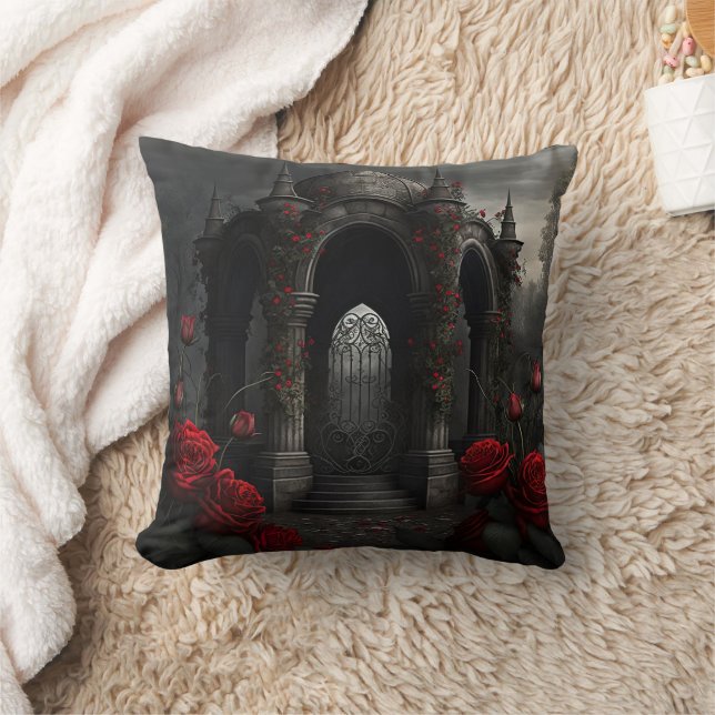 Gothic Cemetery Gazebo with Red Roses at Night Cushion (Blanket)