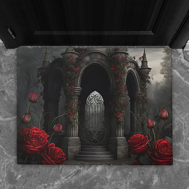 Gothic Cemetery Gazebo with Red Roses at Night Doormat (Creator Uploaded)