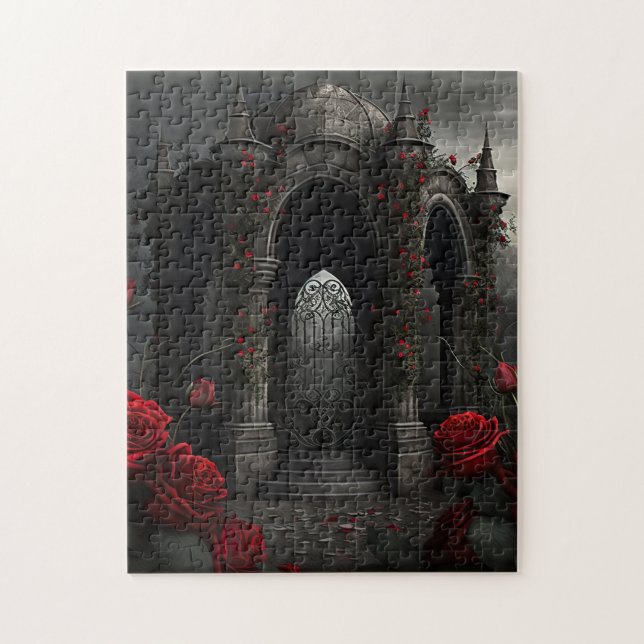 Gothic Cemetery Gazebo with Red Roses at Night Jigsaw Puzzle (Vertical)