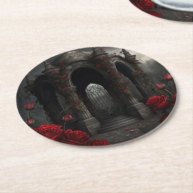 Gothic Cemetery Gazebo with Red Roses at Night Round Paper Coaster (Angled)