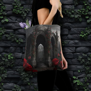 Gothic Cemetery Gazebo with Red Roses at Night Tote Bag